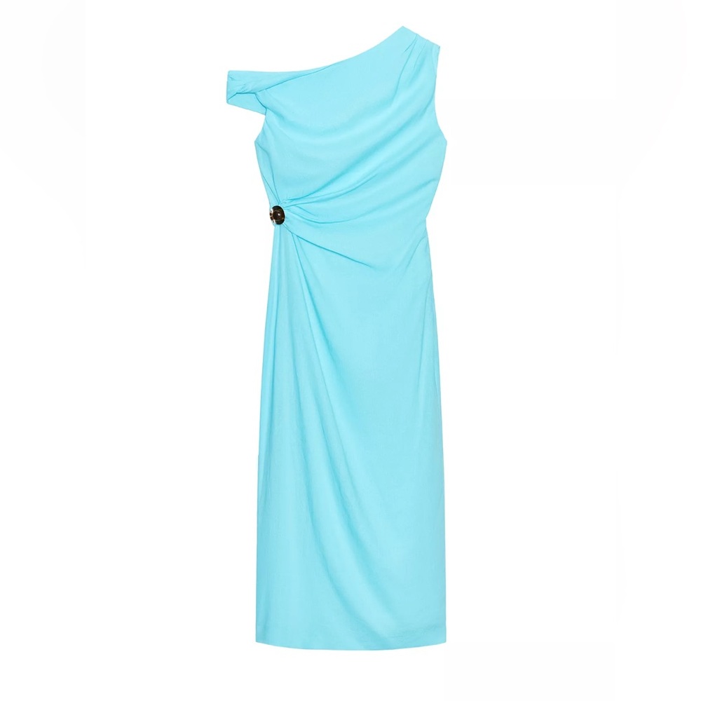 Zara One-Shoulder Aqua Dress with Side Ring Detail, asymmetric linen midi dress